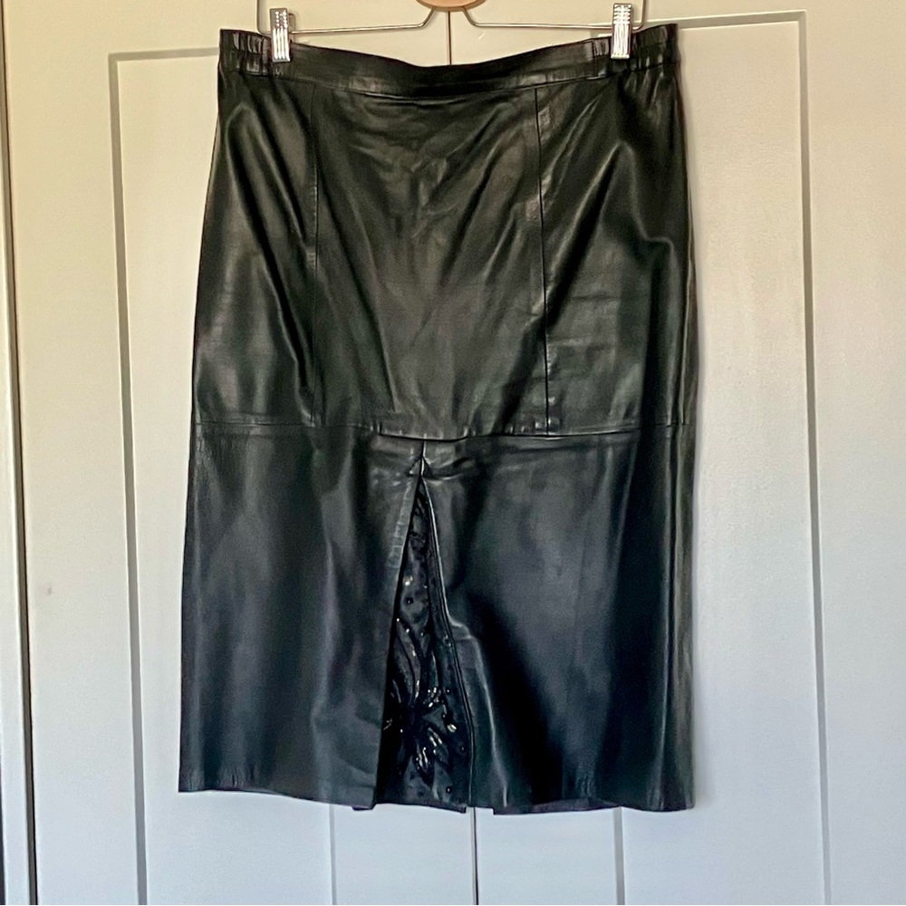 Vintage Black Leather Pencil Skirt with Peek A Boo Sequin Front Pleat Womens L